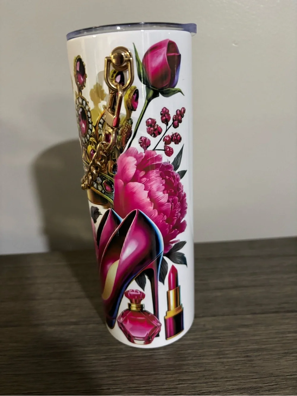 Hand Made Pink Floral & Gold Crown Tumbler